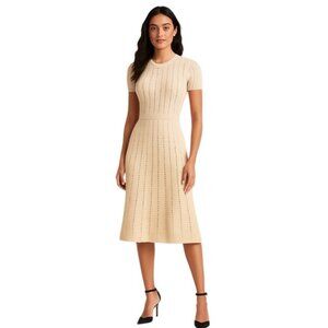 Zoe & Claire Cream Fit & Flare Short Sleeve Midi Sweater Dress